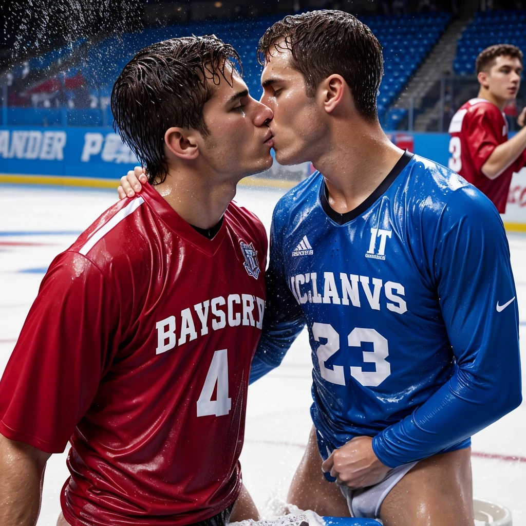 soaked twenty year old men wearing wet football jerseys with soaked hair wearing soaked uniforms. several hockey players in briefs pour buckets of water over them. Wet shirts. Wetlook. Sensual. Kissing. Homosexual. Wet clothes. Wetlook.