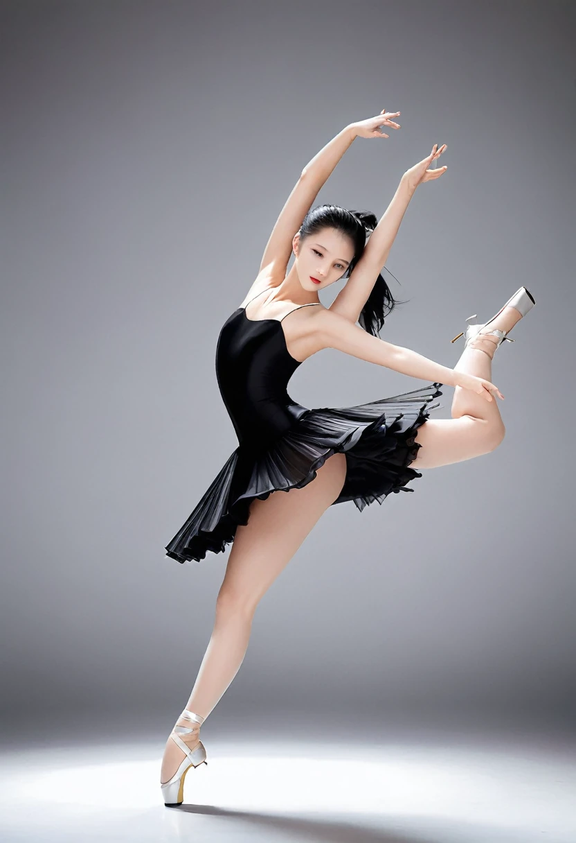 Sublime danseuse de Salsa à talons hauts, (métisse sino-japonaise)，vêtements noirs，shorts noirs，Talons extra-hauts noirs，Bottes longues noires à talons hauts，Super Beau，ajuster，Abdos minces，cheveux longs，grande taille，Beau，tir de tout le corps，Clothes are slim-ajusterting，lignes douces，La courbe est évidente，Longues jambes，jambes fines，Porter une queue de cheval haute et longue，tresser，pause dynamique, sur une piste de dance