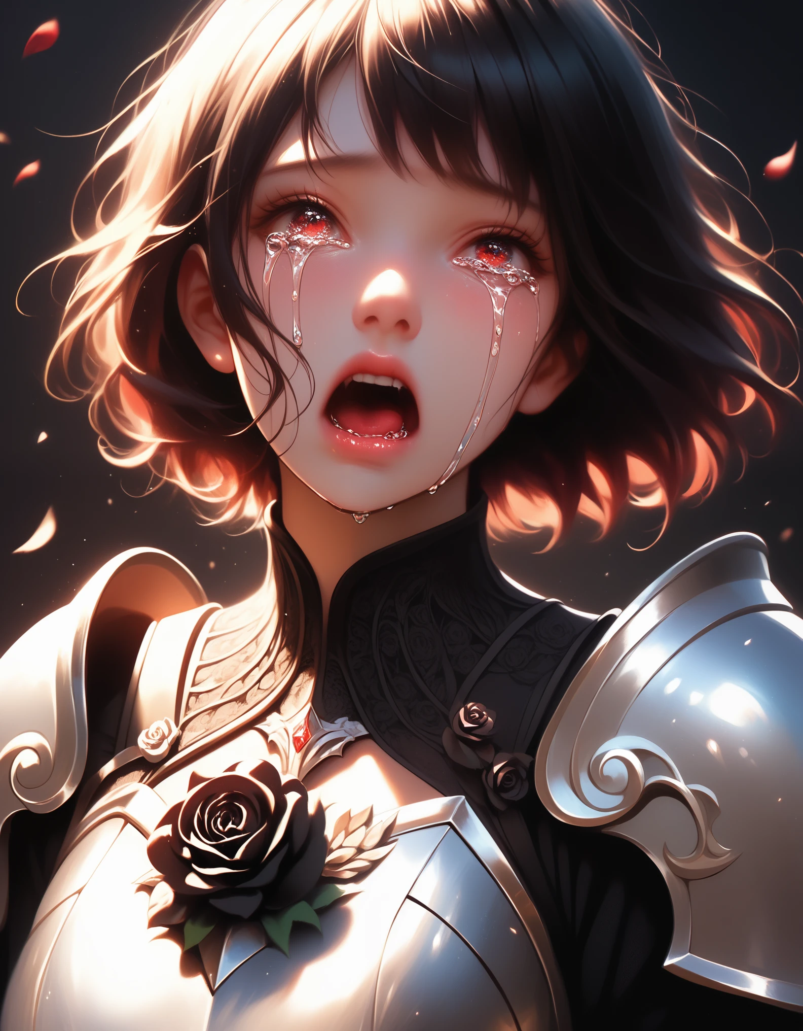 score_9, score_8_up, score_7_up, score_6_up, 1girl, solo, cr33pp41nt, f3nn3r, screaming face, crying face, face with tears, crying, red eyes, hands on chest, black roses, detailed background of a black roses, white armor, broke armor, short hair, bangs, red short hair, fair skin,