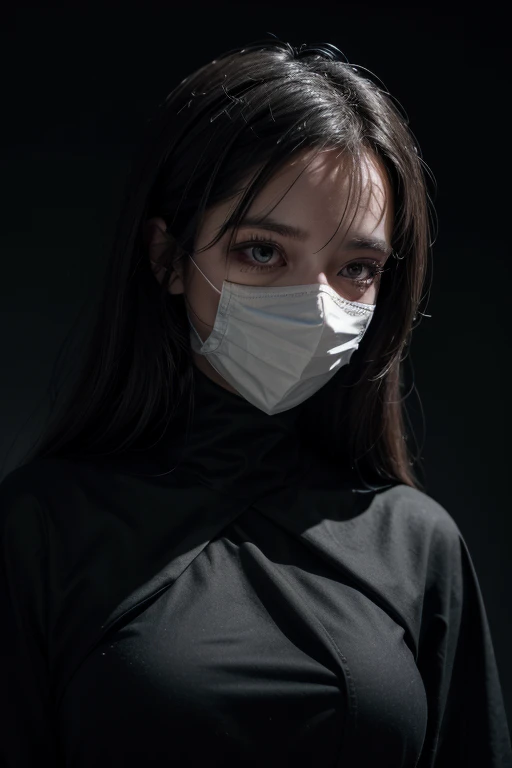 Create an illustration of a woman dressed entirely in black, wearing a white mask with two eye holes. She is in a dark setting with a spotlight illuminating only her. She is looking upwards and floating, giving the impression of a deity