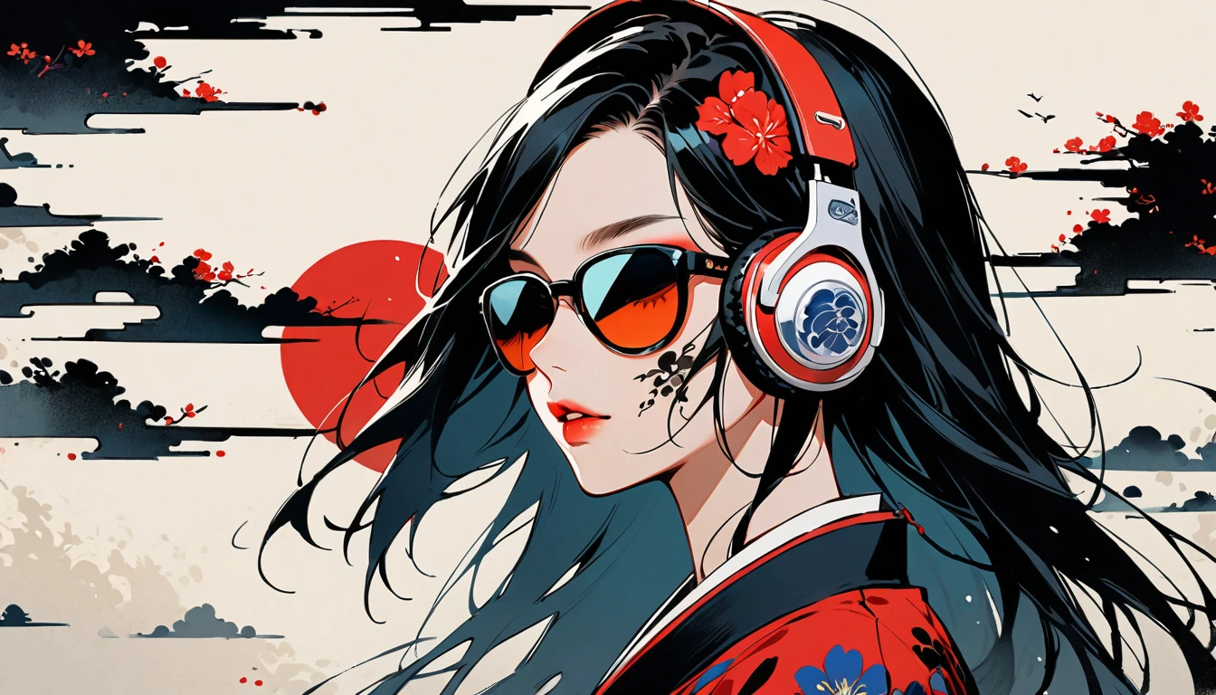Ink Painting, (((1 girl))), (((Tattoo on face))), (((sunglasses))), Japanese style headphones, beautiful girl, Black Hair, Delicate and precise, Modern ukiyo-e style, Darkness