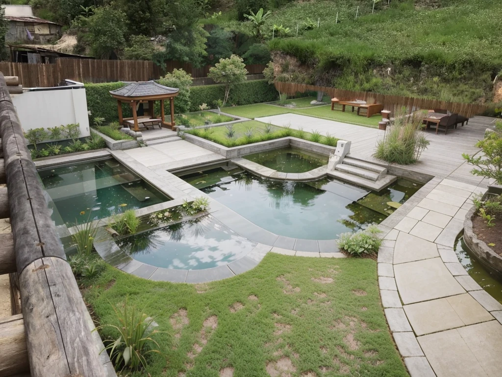 An aerial view of a beautifully designed modern European garden with a hint of Asian influence, featuring a sleek gazebo with a contemporary roof design, surrounded by lush greenery and vibrant flowers. Shot with a high-quality DSLR camera, the smooth stone path leads to a spacious BBQ area with a stylish grill and modern outdoor dining furniture. The gazebo is elegantly furnished with minimalist chairs and a table. Small, clear ponds with Asian-inspired plants add tranquility to the setting. Soft, ambient lighting enhances the cozy atmosphere. Shallow depth of field, focused foreground, bokeh background. ((8k)), high quality detail, harmonious and inviting garden.