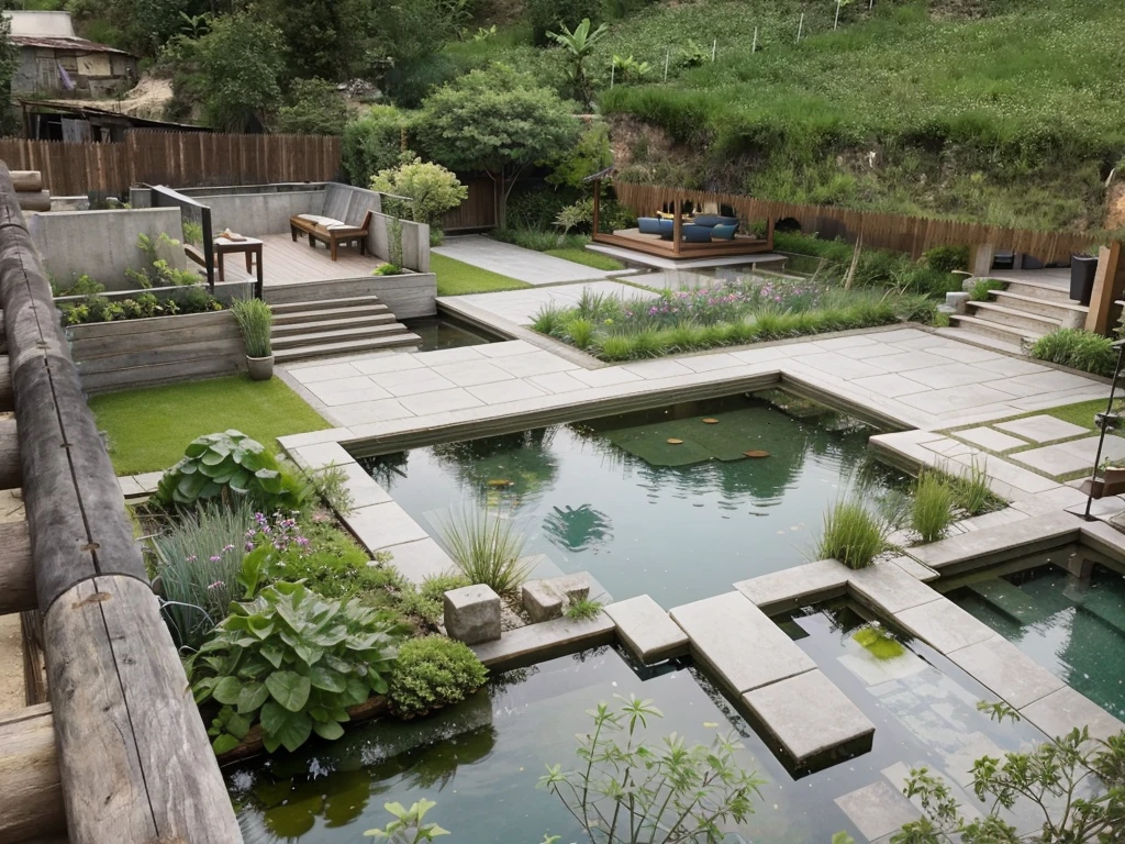 An aerial view of a beautifully designed modern European garden with a hint of Asian influence, featuring a sleek gazebo with a contemporary roof design, surrounded by lush greenery and vibrant flowers. Shot with a high-quality DSLR camera, the smooth stone path leads to a spacious BBQ area with a stylish grill and modern outdoor dining furniture. The gazebo is elegantly furnished with minimalist chairs and a table. Small, clear ponds with Asian-inspired plants add tranquility to the setting. Soft, ambient lighting enhances the cozy atmosphere. Shallow depth of field, focused foreground, bokeh background. ((8k)), high quality detail, harmonious and inviting garden.
