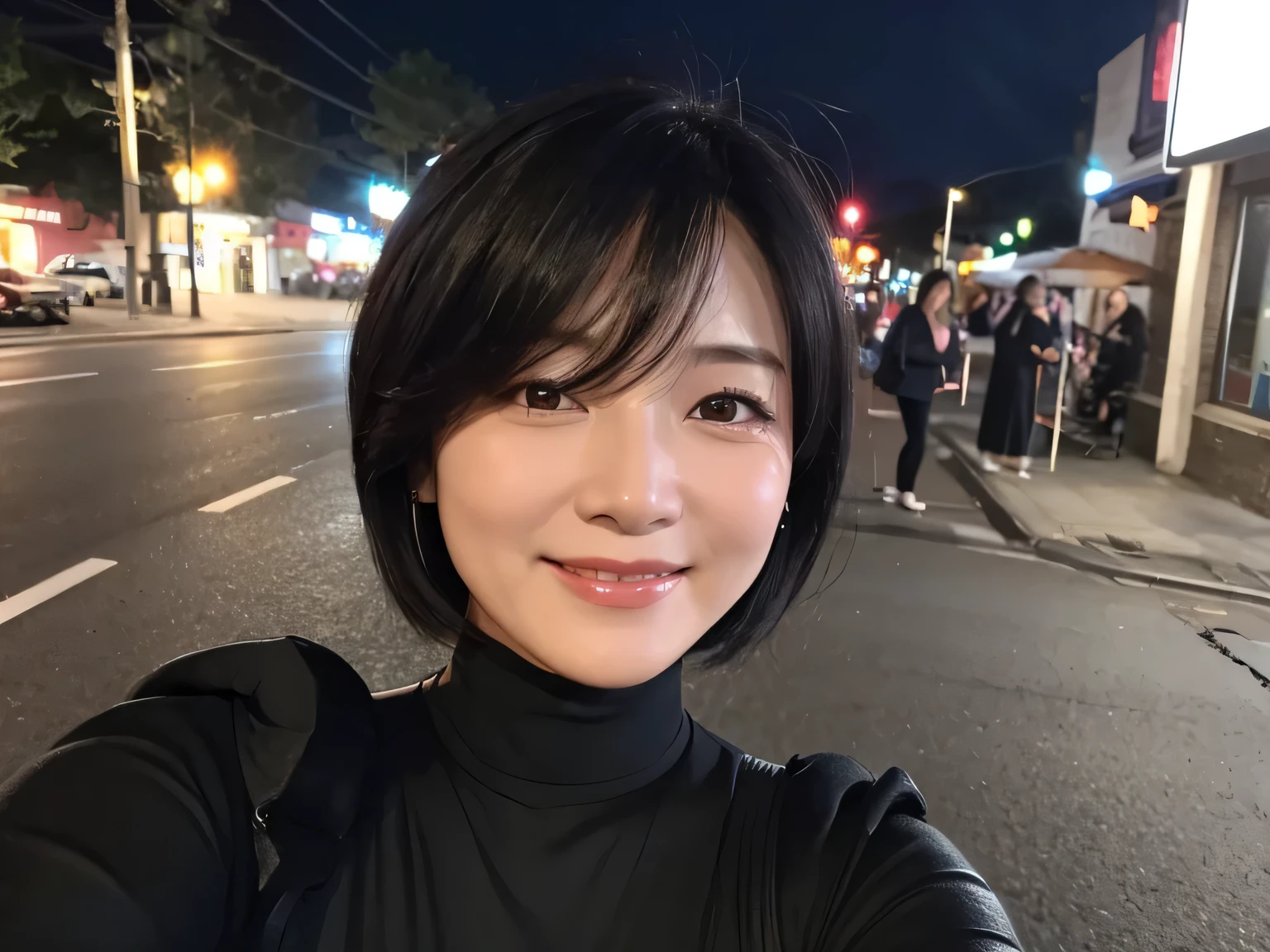 night、50 years old、Beauty、Dripping sweat、dress、Selfie、Light eye makeup、Black hair color、flat 、Hair blowing in the wind、short hair、Long sleeve、smile
