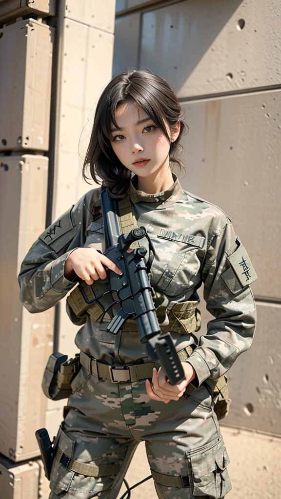 Single player combat action、Single Shooter、(whole body:0.5, View front))Action poses、Highest image quality, Excellent details, Ultra-high resolution, (realism: 1.4), ((whole body:0.5, View front)), A girl highly concentrated in combat action, Has a beautiful and delicate face, （whole body照））((Shooting with a machine gun)), (Wear camouflage clothing，Love police uniforms, Military wiring harness), With a machine gun, Simple gray wall in background,