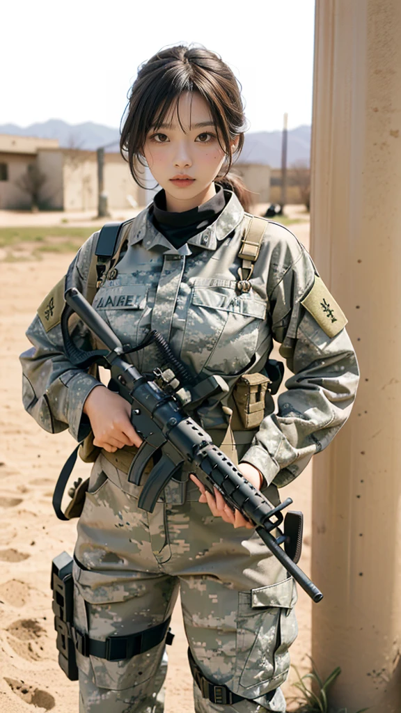 Single player combat action、Single Shooter、(whole body:0.5, View front))Action poses、Highest image quality, Excellent details, Ultra-high resolution, (realism: 1.4), ((whole body:0.5, View front)), A girl highly concentrated in combat action, Has a beautiful and delicate face, (whole body照))((Shooting with a machine gun)), (Wear camouflage clothing,Love police uniforms, Military wiring harness), With a machine gun, Simple gray wall in background,