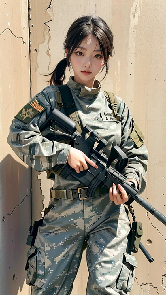 Single player combat action、Single Shooter、(whole body:0.5, View front))Action poses、Highest image quality, Excellent details, Ultra-high resolution, (realism: 1.4), ((whole body:0.5, View front)), A girl highly concentrated in combat action, Has a beautiful and delicate face, (whole body照))((Shooting with a machine gun)), (Wear camouflage clothing,Love police uniforms, Military wiring harness), With a machine gun, Simple gray wall in background,