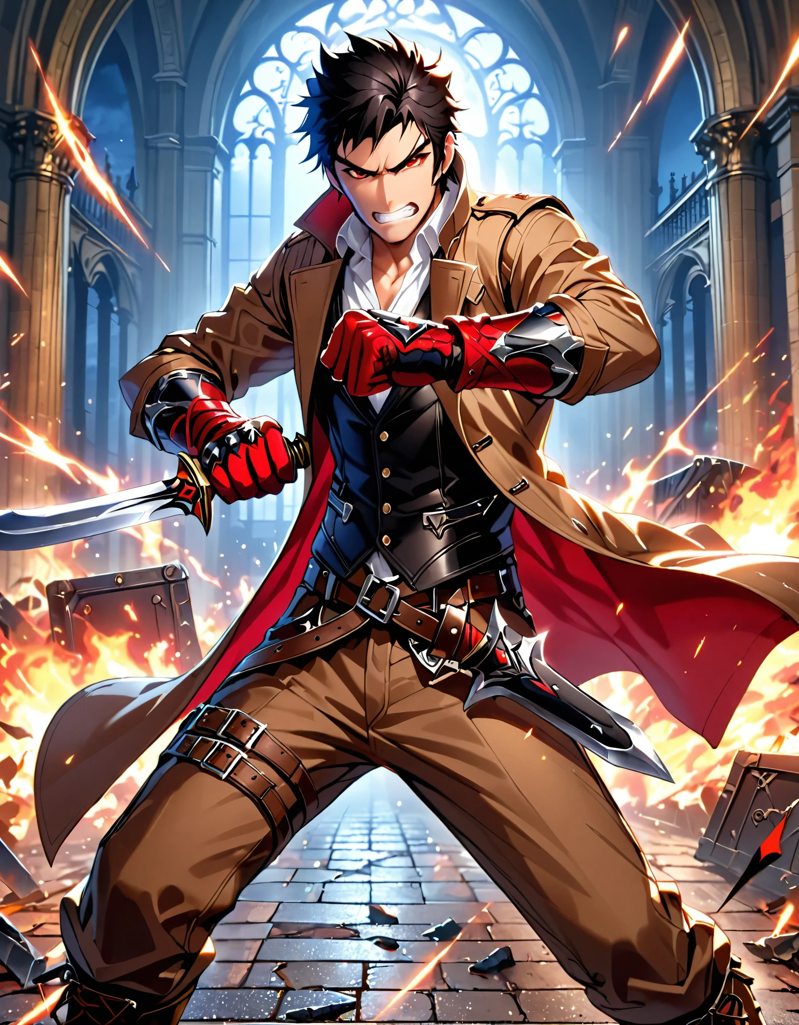 (masterpiece), (best quality), (hires), 1male, solo, solo focus, male focus, dynamic fighting stance, psychotic french male, white shirt, brown cargo pants, brown combat boots, ((holding weapon, daggers), red gloves), black hair, short hair, sideburns, red eyes, (wearing brown trench coat, open coat), (black vest, vest with sheaths), fist gauntlets, angry, clenched teeth. modern paris, night, indoors, cowboy shot.