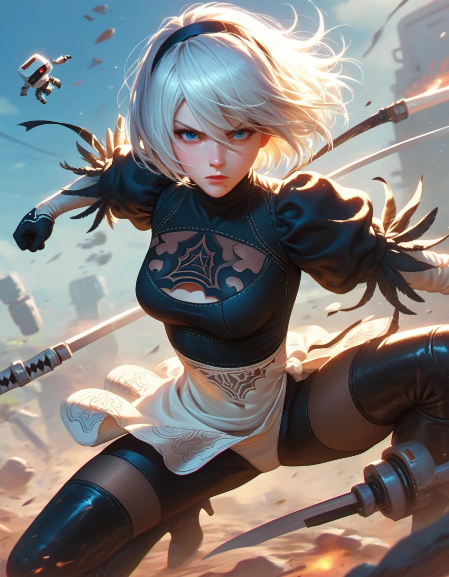 score_9, score_8_up, score_7_up, 1girl, 2B from Nier:Automata, looking at viewer, fighting stance, skirtless, boddysuit