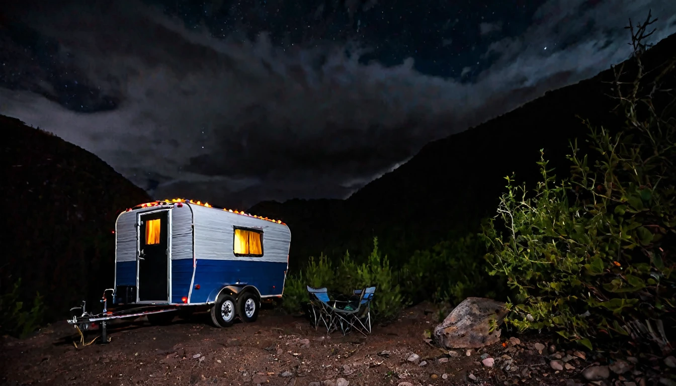 small trailer without power, lights off, remote area on top of the mountain, dark night, dark environment, eerie