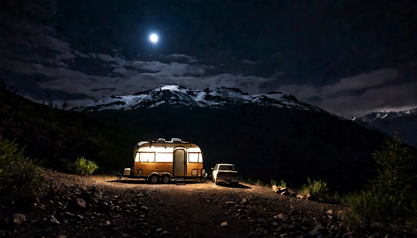 small trailer without power, lights off, remote area on top of the mountain, dark night, dark environment, eerie
