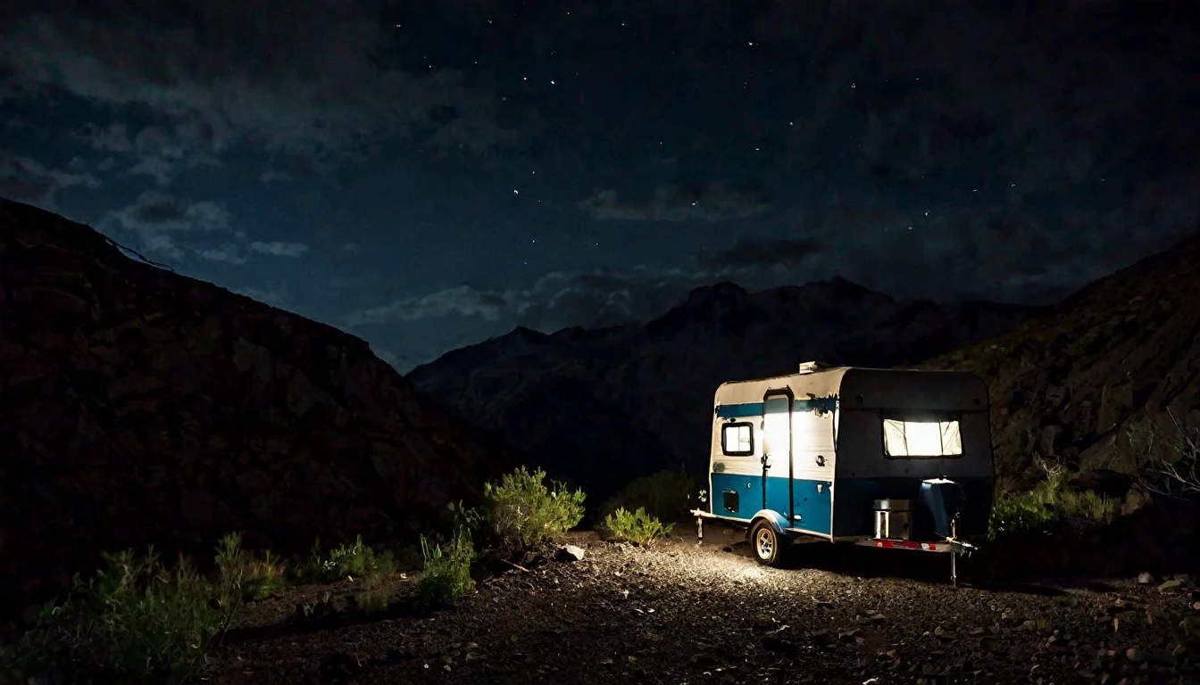 small trailer without power, lights off, remote area on top of the mountain, dark night, dark environment, eerie