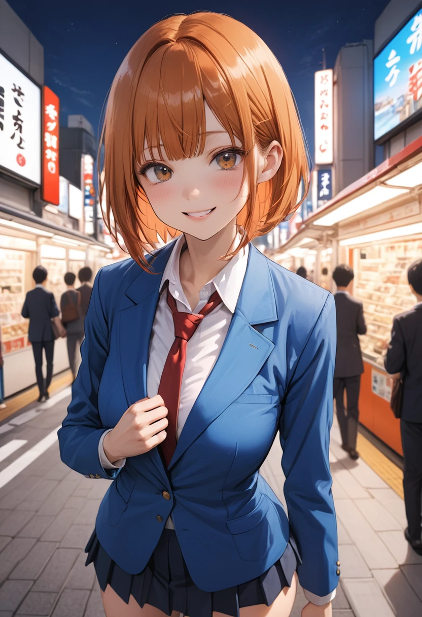 ((masterpiece,Highest quality:1.3,best quality illustration)),cowboy shot,1woman,16-year-old Japan beauty,((very small head:1.4)),short bob hair,bangs,orange hair,brown eyes,gorgeous eyes,blush,smile,medium breasts,((very long body)),(School uniform,Navy blue blazer、Red tie、White Shirt、Navy blue pleated mini skirt),(toned body,slender body,skinny),gleaming skin,shiny skin,oily skin,standing,Shibuya Station、Tokyo