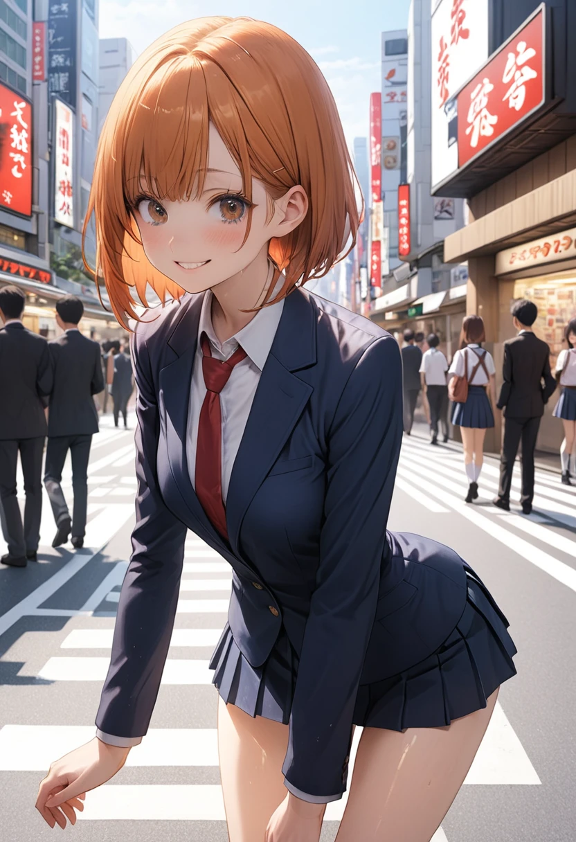 ((masterpiece,Highest quality:1.3,best quality illustration)),cowboy shot,1woman,16-year-old Japan beauty,((very small head:1.4)),short bob hair,bangs,orange hair,brown eyes,gorgeous eyes,blush,smile,medium breasts,((very long body)),(School uniform,Navy blue blazer、Red tie、White Shirt、Navy blue pleated mini skirt),(toned body,slender body,skinny),gleaming skin,shiny skin,oily skin,standing,Shibuya Station、Tokyo