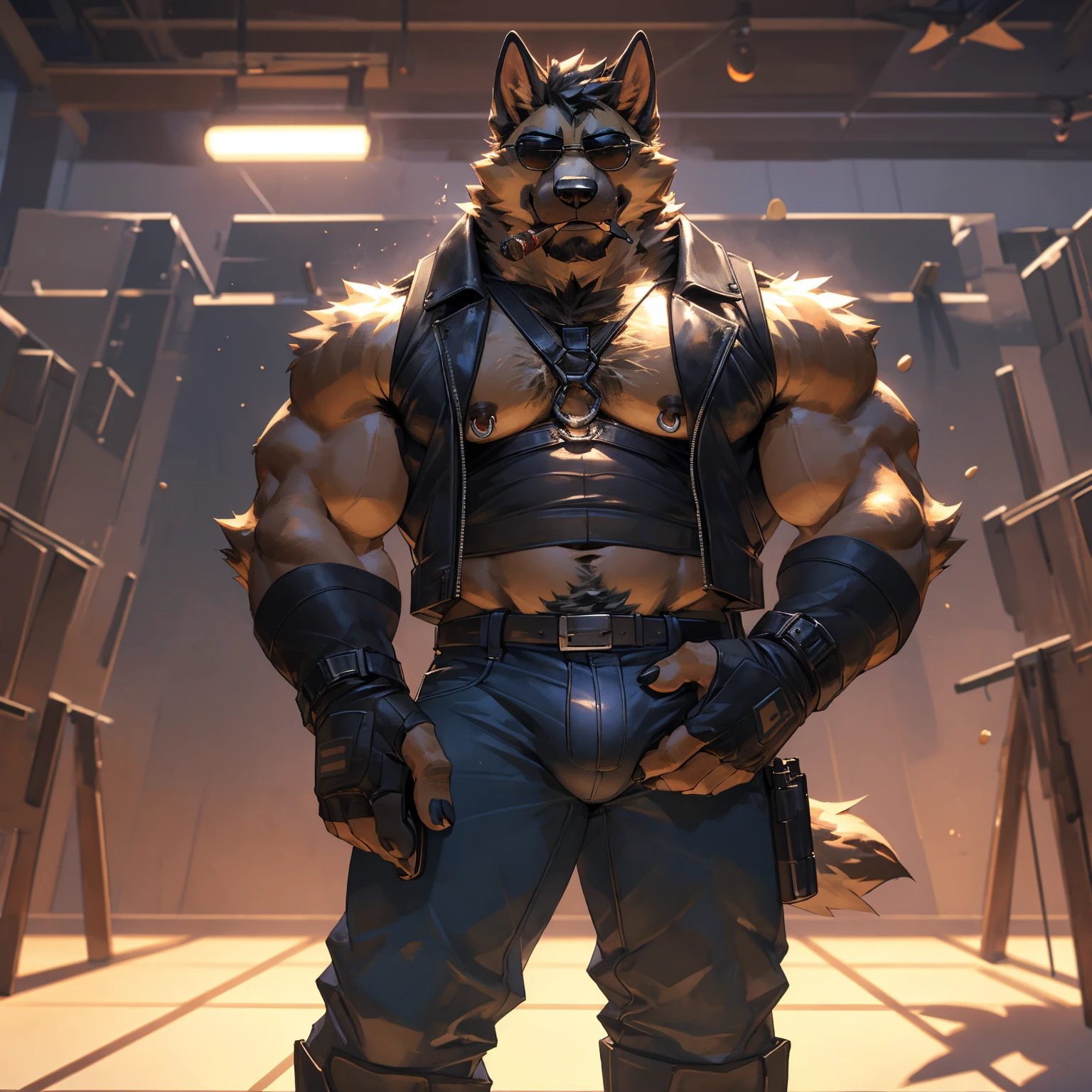 Solo, male, medium muscular, german shepherd, dog, biker, hairy chest, furry chest hair, shirtless, leather vest, blue jeans, leather chest harness, gun holster, gun, leather fingerless gloves, fingerless gloves, workboots, boots, cigar, cigar in mouth, nipple piercing ((focus body, furry focus, shades focus, body shades)) nice body, standing, holding an m1911 pistol, pistol, aiming gun, aiming at viewer, posing, armpit, armpit hair, bulge, groping bulge, left hand on bulge, touching crotch, nsfw, model, light, shades, 4k, high quality ((( shooting range background, inside))), by darkgem, by mystikfox61