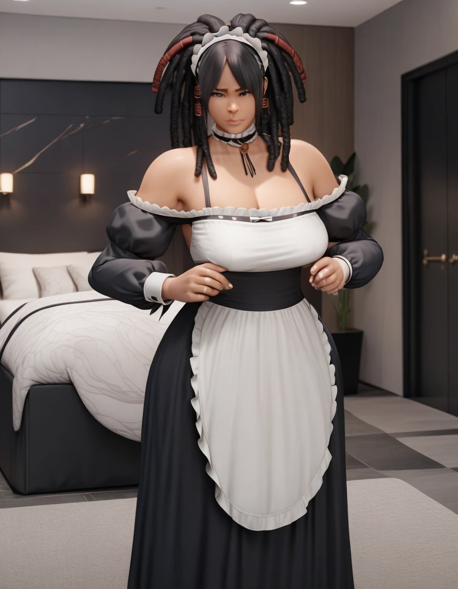 ((Masterpiece)), ((Best quality)), ((detailed)) black woman, african woman, dreadlocks, afro hair, black hair, african hair, curly hair, beautiful woman, maid dress, black headband, bedroom, huge breast, voluptuous woman, wide hips, thick thighs, massive but, serious expresión, full body shot
