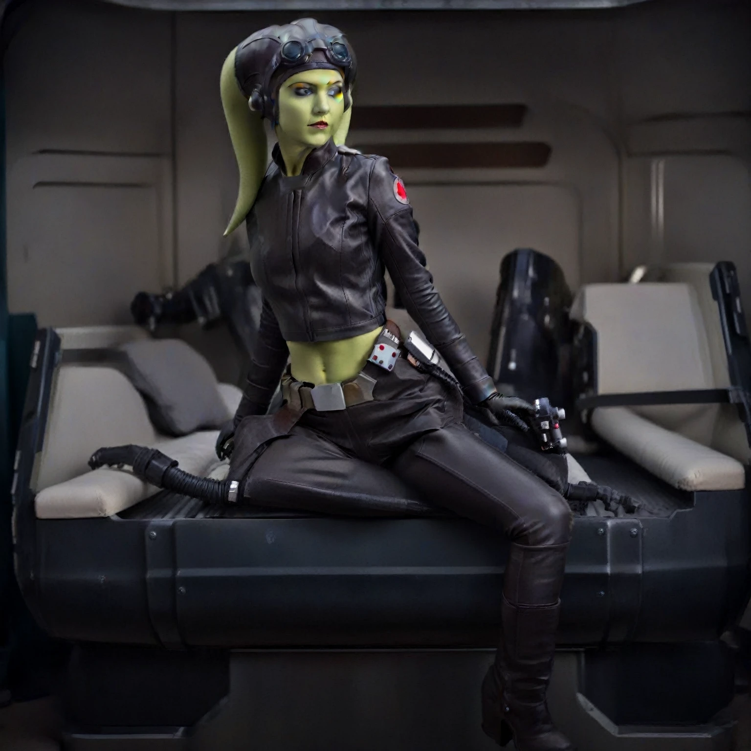 score_9, score_8_up, score_7_up, score_6_up, 2d, rating_questionable, rating_safe, BREAK a cinematic film portrait still of a young and attractive ((green skin)) Female Twi'lek (((hera syndulla ))), pale instagram model wearing Tie Pilot uniform, wearing an officer cap, sitting on her sci-fi bunk bed, in a sci-fi ship, full body shot . shallow depth of field, vignette, highly detailed, high budget Hollywood movie by baz luhrmann, bokeh, cinemascope, moody, epic, gorgeous, film grain, grainy
