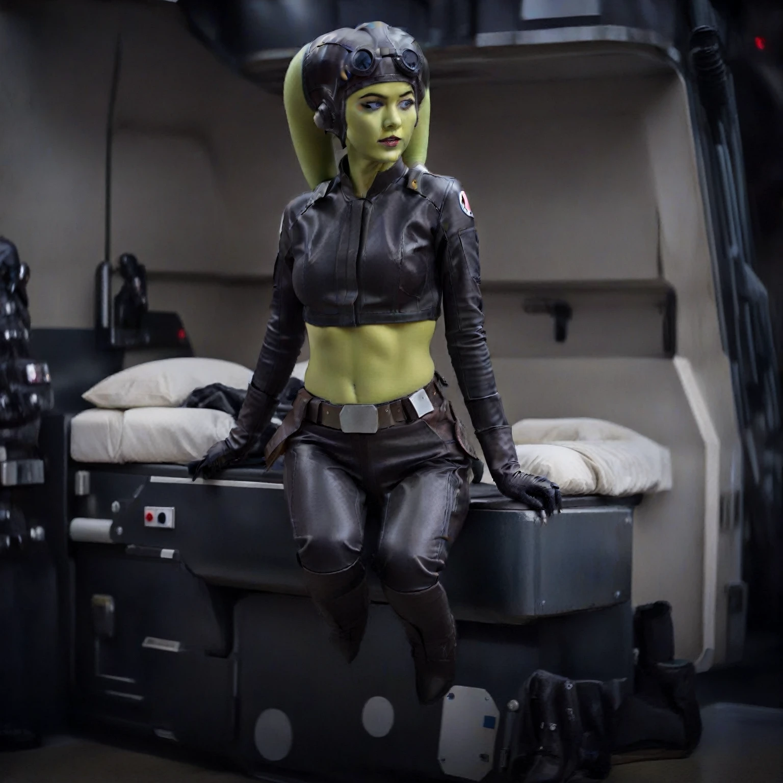 score_9, score_8_up, score_7_up, score_6_up, 2d, rating_questionable, rating_safe, BREAK a cinematic film portrait still of a young and attractive ((green skin)) Female Twi'lek (((hera syndulla ))), pale instagram model wearing Tie Pilot uniform, wearing an officer cap, sitting on her sci-fi bunk bed, in a sci-fi ship, full body shot . shallow depth of field, vignette, highly detailed, high budget Hollywood movie by baz luhrmann, bokeh, cinemascope, moody, epic, gorgeous, film grain, grainy
