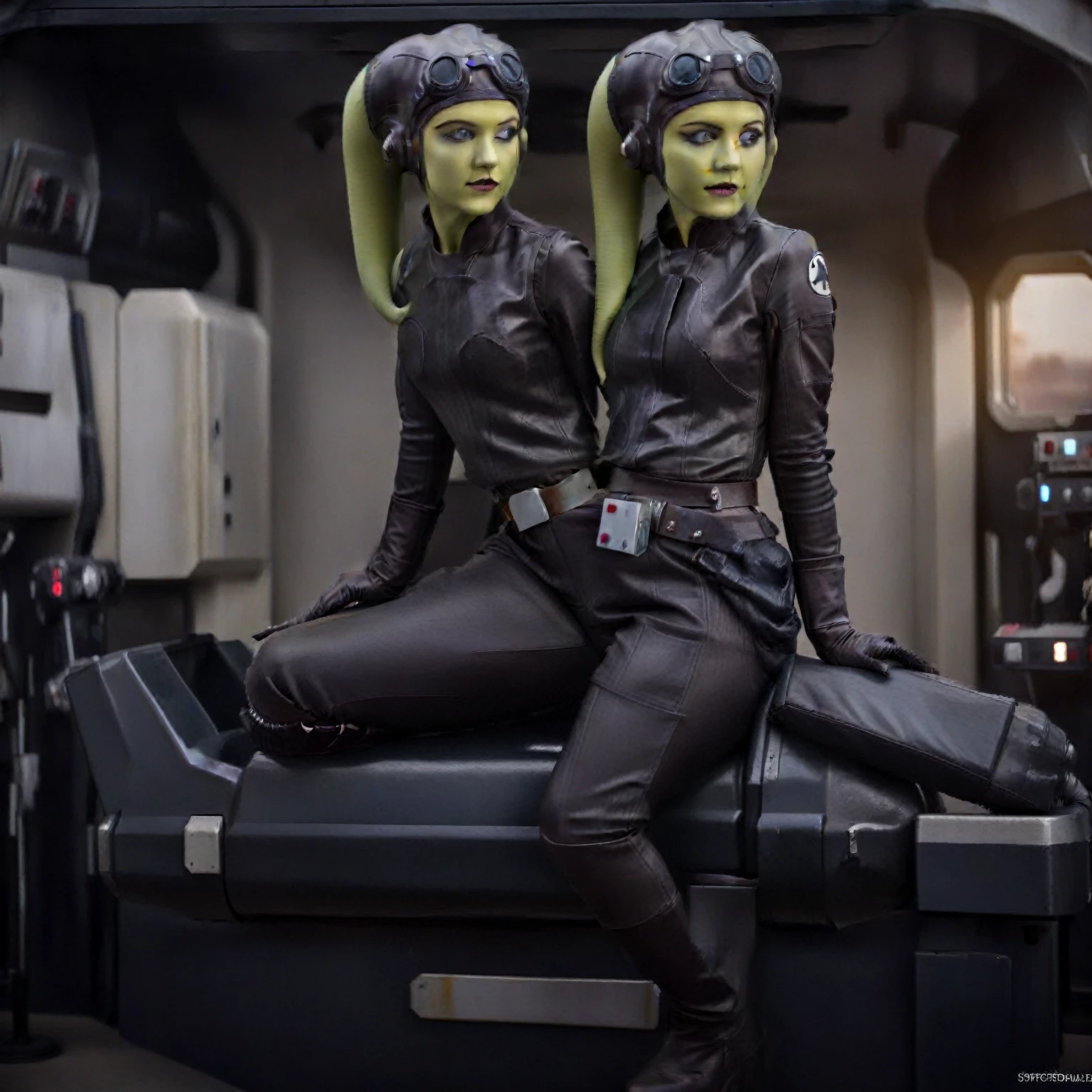 score_9, score_8_up, score_7_up, score_6_up, 2d, rating_questionable, rating_safe, BREAK a cinematic film portrait still of a young and attractive ((green skin)) Female Twi'lek (((hera syndulla ))), pale instagram model wearing Tie Pilot uniform, wearing an officer cap, sitting on her sci-fi bunk bed, in a sci-fi ship, full body shot . shallow depth of field, vignette, highly detailed, high budget Hollywood movie by baz luhrmann, bokeh, cinemascope, moody, epic, gorgeous, film grain, grainy