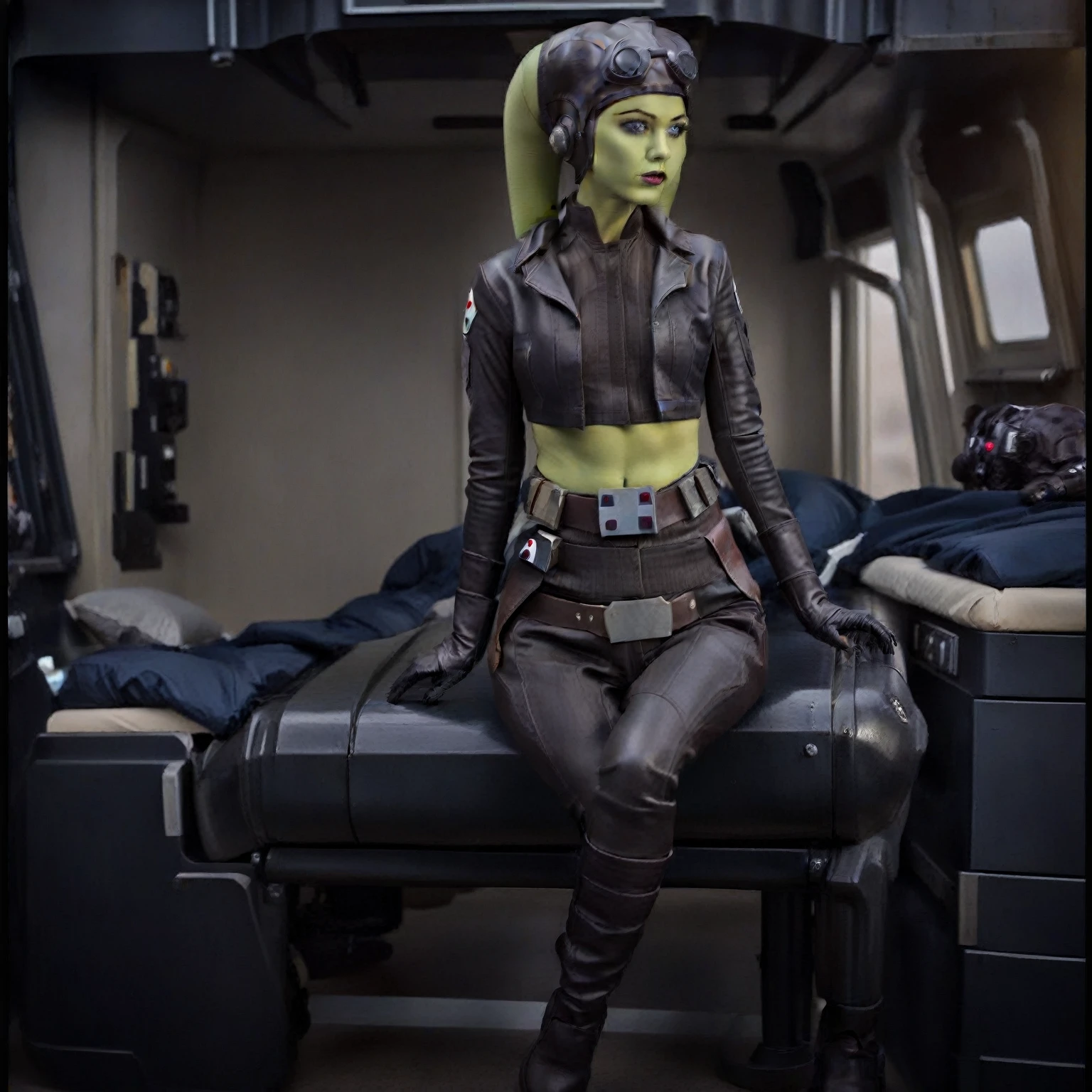 score_9, score_8_up, score_7_up, score_6_up, 2d, rating_questionable, rating_safe, BREAK a cinematic film portrait still of a young and attractive ((green skin)) Female Twi'lek (((hera syndulla ))), pale instagram model wearing Tie Pilot uniform, wearing an officer cap, sitting on her sci-fi bunk bed, in a sci-fi ship, full body shot . shallow depth of field, vignette, highly detailed, high budget Hollywood movie by baz luhrmann, bokeh, cinemascope, moody, epic, gorgeous, film grain, grainy
