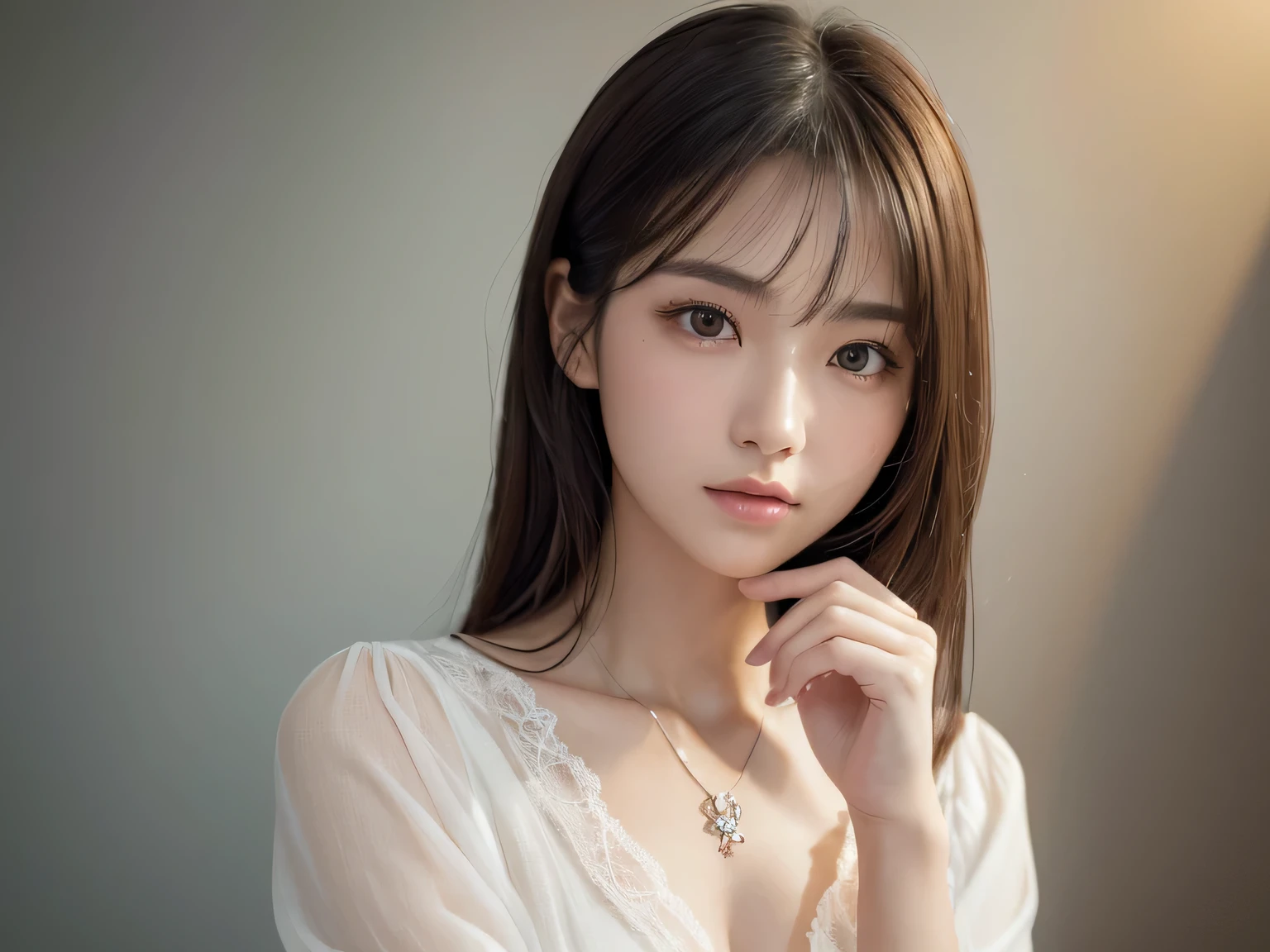 (Highest quality、8K、32k、masterpiece、Hmph:1.2)、Cute Japanese Women Photos、Photographed in front of a white wall、Photographed in natural light、Upper Body、Surface Focus、Long sleeve shirt、Simple Necklace、From above、Mix 4、(8K、RAW Photos、Highest quality、masterpiece:1.2)、(Realistic、Photorealistic:1.37)、1 Girl、Photon Mapping、Physically Based Rendering、Excellent image quality、High resolution、1080P、(Beautiful face)、(Detailed facial depiction)、(Detailed explanation of the hand setter muscle parts)、(Detailed CG)、 Extreme light and shadow、Dirty hair、masterpiece、Rich details、(exquisite features)、(Best image quality)、(masterpiece)、(Detailed eyes)、I look forward to seeing you、Delicate clavicle、Various poses