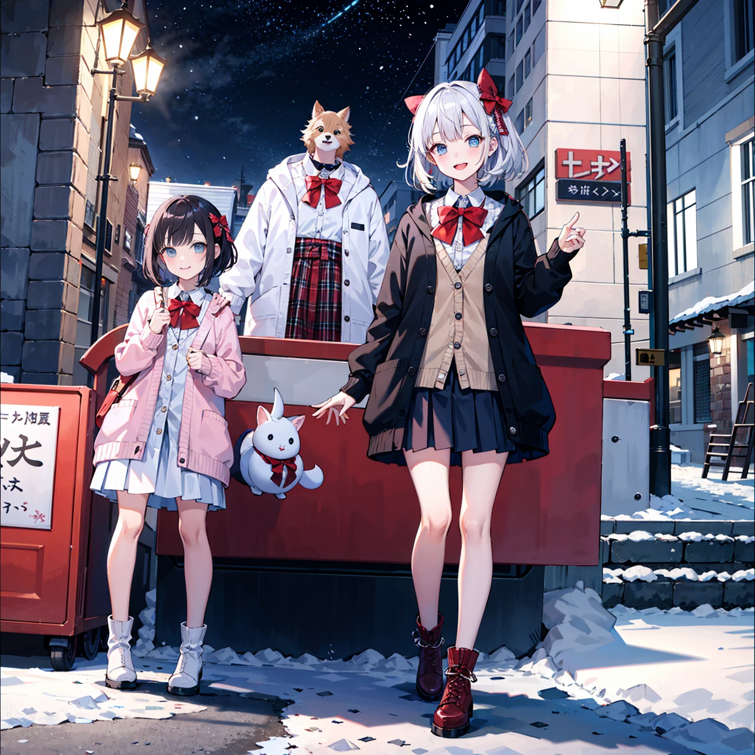 (masterpiece:1.2), best quality, highres, original, (extremely detailed:1.2), ultra-detailed, wallpaper, perfect lighting,(extremely detailed CG:1.2), 8k, anime illustration, 1girl, solo, smiling, (winter outfit:1.2), standing on the street, (knit cardigan:1.1), (bowknot on cardigan:1.25), knee-length skirt, (Ruffled hemline:1.3), winter boots, {delicate|detailed}clothes, (anatomically correct:1.34), close-up, full-body, looking at viewer, frontal, snowy street, (streetlight:1.17), city background, night, unity 4k