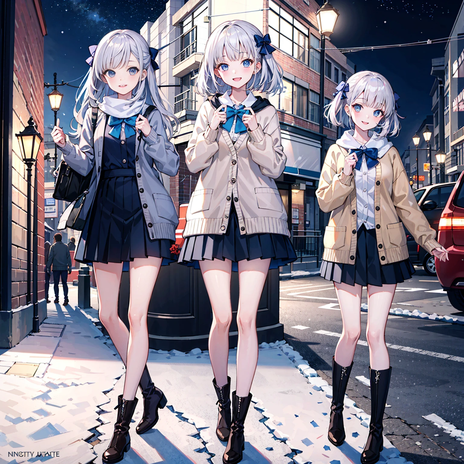(masterpiece:1.2), best quality, highres, original, (extremely detailed:1.2), ultra-detailed, wallpaper, perfect lighting,(extremely detailed CG:1.2), 8k, anime illustration, 1girl, solo, smiling, (winter outfit:1.2), standing on the street, (knit cardigan:1.1), (bowknot on cardigan:1.25), knee-length skirt, (Ruffled hemline:1.3), winter boots, {delicate|detailed}clothes, (anatomically correct:1.34), close-up, full-body, looking at viewer, frontal, snowy street, (streetlight:1.17), city background, night, unity 4k