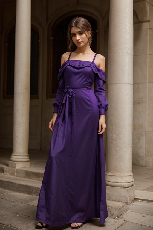 I want photo of girl wearing long dress with purple color. Looks so elegant and polite. With long shaves 