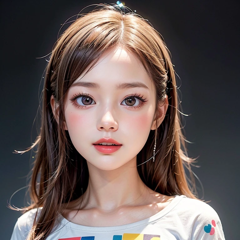 White and Bright Red, (Masterpiece 8K TopQuality:1.2) (ProfessionalPhoto:1.37) ExtremelyDetailed (((FullBody, KAWAII girl with HUGE boobs:1.37)) in ((WHITE cotton T-shirt dress:1.28) with (Life-Size her face printed on it:1.37)) detailed (Delicate cotton textures)) PerfectLighting (Studio Dark GRAY Background) with (Oodles of mystic Dazzling RainbowColor Particles:1.26) BREAK (((NOGIZAKA FaceVariations))), Extremely Detailed (very KAWAII Face), Childish CaptivatingGaze Stunning ParfectEyes ElaboratePupils with (SparklingHighlights:1.28), DoubleEyelids with (Detailed Voluminous LongEyelashes:0.88), Small GlossyRedLips with BeautifulDetails, CoquettishTongue, PUNIPUNI RosyCheeks, Radiant PearlSkin with Transparency, Glowing DowneyHair . { (Dynamic Joyful expressions LifeLike Rendering:1.4) | (:d) }, (large eyes:-1) .