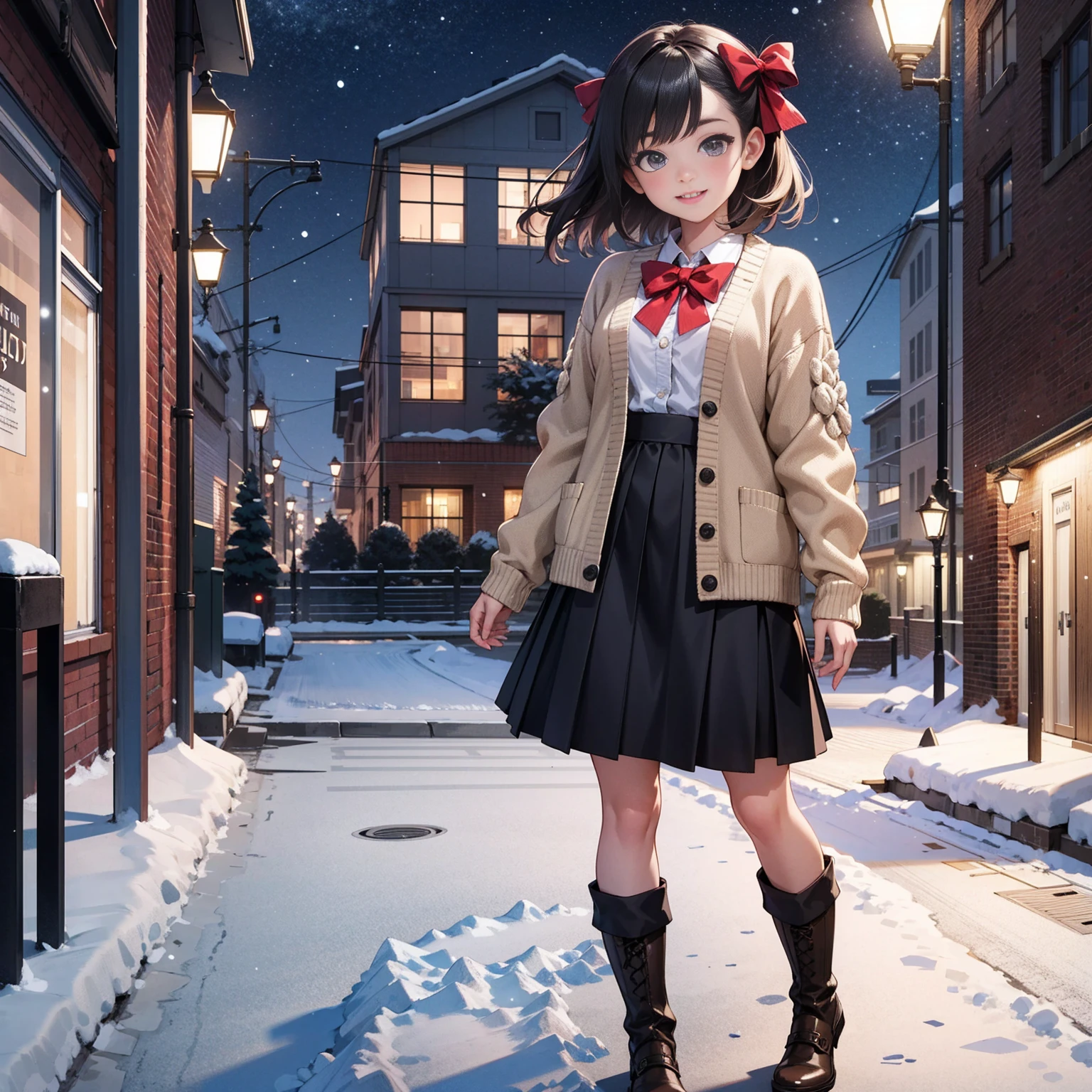 (masterpiece:1.2), best quality, highres, original, (extremely detailed:1.2), ultra-detailed, wallpaper, perfect lighting,(extremely detailed CG:1.2), 8k, anime illustration, 1girl, solo, smiling, (winter outfit:1.2), standing on the street, (knit cardigan:1.1), (bowknot on cardigan:1.25), knee-length skirt, (Ruffled hemline:1.3), winter boots, {delicate|detailed}clothes, (anatomically correct:1.34), close-up, full-body, looking at viewer, frontal, snowy street, (streetlight:1.17), city background, night, unity 4k
