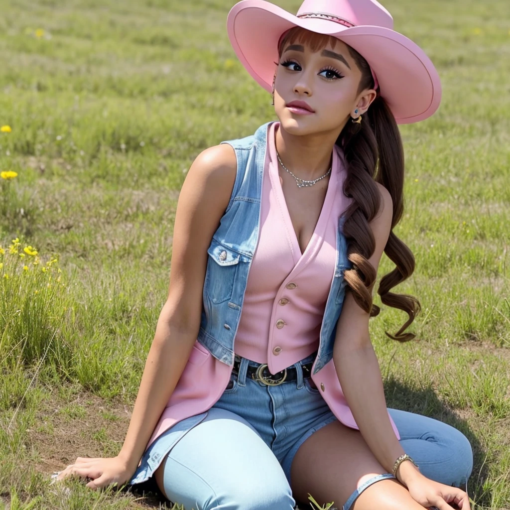 Ariana Grande, wearing a pink vest, pink cowboy hat, squinting eyes, heavy makeup, long thick curled eyelashes, filming MV in the meadow, clear blue sky