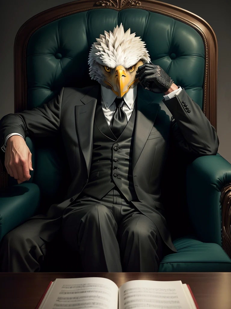 Anthropomorphic eagle wearing a black suit,Sitting in a chair like a company president, YouTube video screenshot, The bird is wearing a black tie, Real-life stills, Live action scenes, Threatening gaze, gentleman, Very emotional, Music video screenshot,Gangster,Gangster style,The overall color is gray-green,Real atmosphere,Dark Mansion