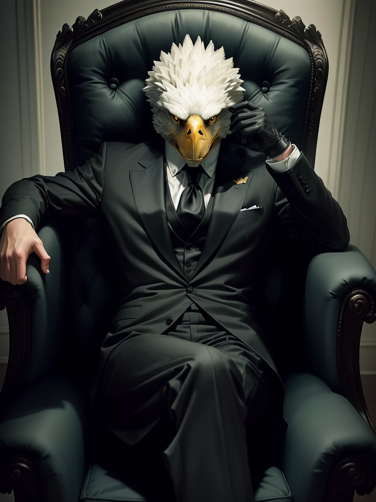 Anthropomorphic eagle wearing a black suit,Sitting in a chair like a company president, YouTube video screenshot, The bird is wearing a black tie, Real-life stills, Live action scenes, Threatening gaze, gentleman, Very emotional, Music video screenshot,Gangster,Gangster style,The overall color is gray-green,Real atmosphere,Dark Mansion