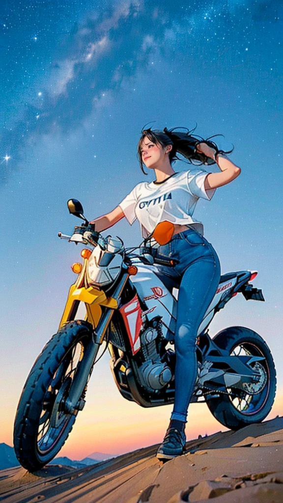 (from below,Focus on the night sky), (((He drives a large off-road motorcycle, the HONDA CRF1100.:1.5))), ((Detailed depiction of the bike:1.3)), (((smile,Parted lips,Open your arms and express your joy))), BREAK (((Late Night,The surroundings are pitch black, Wide, wide, dark, dark sky,star々が北極starが美しい:1.5))), BREAK ((HONDA tight T-shirt:1.5)), ((Ultra low rise distressed skinny jeans:1.4)), (Beautiful young woman rider(Riding Shoes:1.5)), BREAK (Black straight hair,bangs), (Twin tails:1.2), (A stunning 8-head body proportion), (Big Breasts:1.4), ((Magnificent breast growth)), (Small waist), ((Beautiful belly button)), (Big Ass), (Thin thighs), (Beautiful limbs), BREAK 広大な空, Beautiful skyline, Vast grassland, Very tense and dramatic photo, Dynamic visual effects, (Fantasy art), BREAK (1 screen), (Highest quality,4K,8K,High resolution,masterpiece:1.2),Super detailed,(Realistic,photo:1.3), (perfect anatomy), (Perfect ratio of fingers to thumb), (Symmetrical face), BREAK ((This is the United States,Hawaii,マウナケアの山頂域にある自然科学研究機構国立天文台Hawaii観測所)), BREAK hoshizora starry sky perfecteyes eyes YHmotorbike