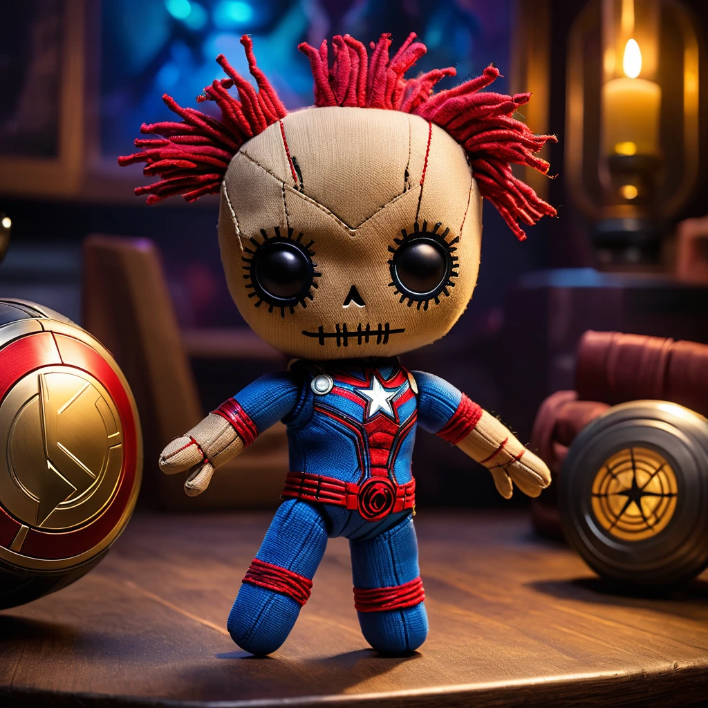 (knitted toy voodoo doll:1.5), (Voodoo in Avengers Party:1.3), (Clothing: superhero party attire:1.0), (Accessories: enchanted shield, glowing infinity stones:1.1), (background: iconic Avengers HQ with floating party decor, glowing technology, and a heroic atmosphere:1.2), best quality, masterpiece, detailed soft oil painting, detailed background, dramatic cinematic lighting, soft edge lighting, professional, dramatic lighting, hard edge lighting, ultra quality, 4k,masterpiece, best quality, 8k, ultra highres, highres, extremely detailed