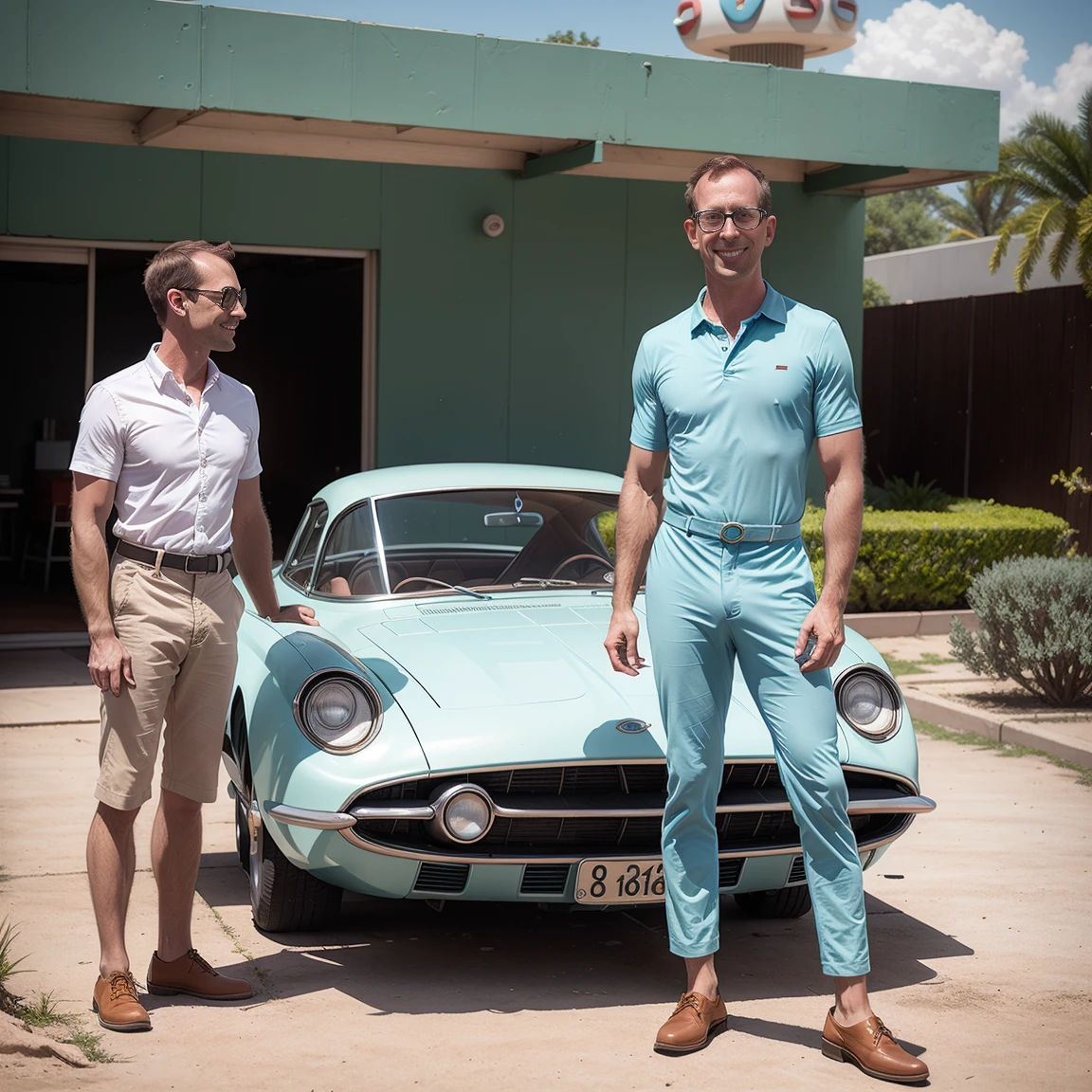 4K image from a 1960s science fiction film by Spike Jonze, wes cravens style, pastel colors, solo man (Todder9) smiling, standing next to a retro-futuristic car, at the gas station RetroFuturism fashion clothing from the 60s with alien ornaments, natural light, strangely futuristic, photorealistc, sharp background details