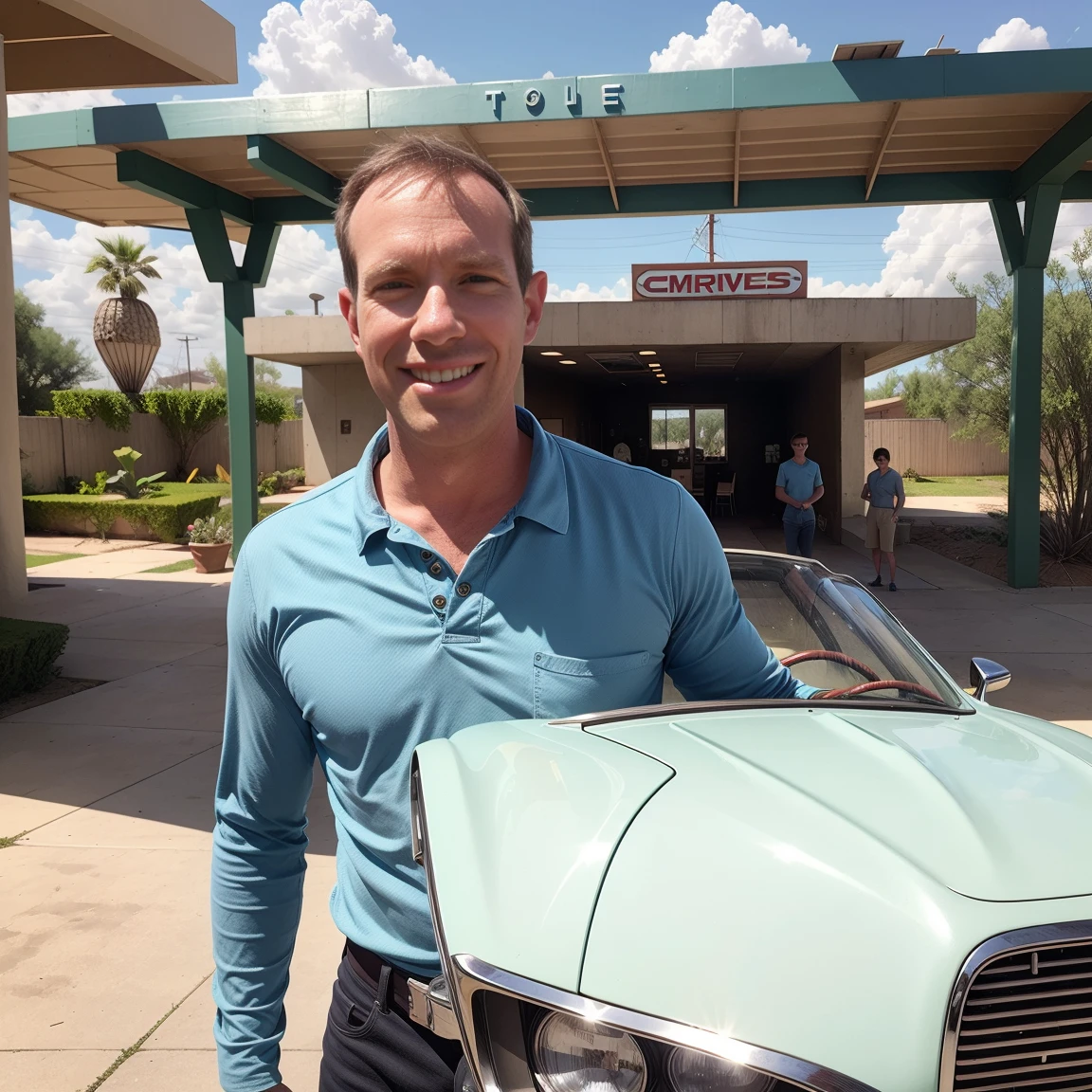 4K image from a 1960s science fiction film by Spike Jonze, wes cravens style, pastel colors, solo man (Todder9) smiling, standing next to a retro-futuristic car, at the gas station RetroFuturism fashion clothing from the 60s with alien ornaments, natural light, strangely futuristic, photorealistc, sharp background details