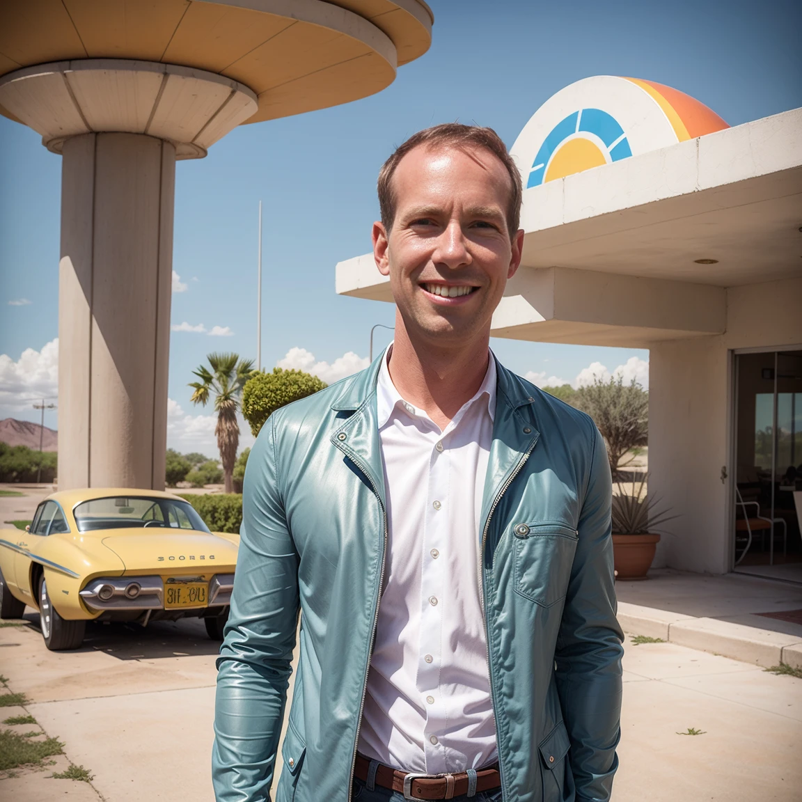 4K image from a 1960s science fiction film by Spike Jonze, wes cravens style, pastel colors, solo man (Todder9) smiling, standing next to a retro-futuristic car, at the gas station RetroFuturism fashion clothing from the 60s with alien ornaments, natural light, strangely futuristic, photorealistc, sharp background details