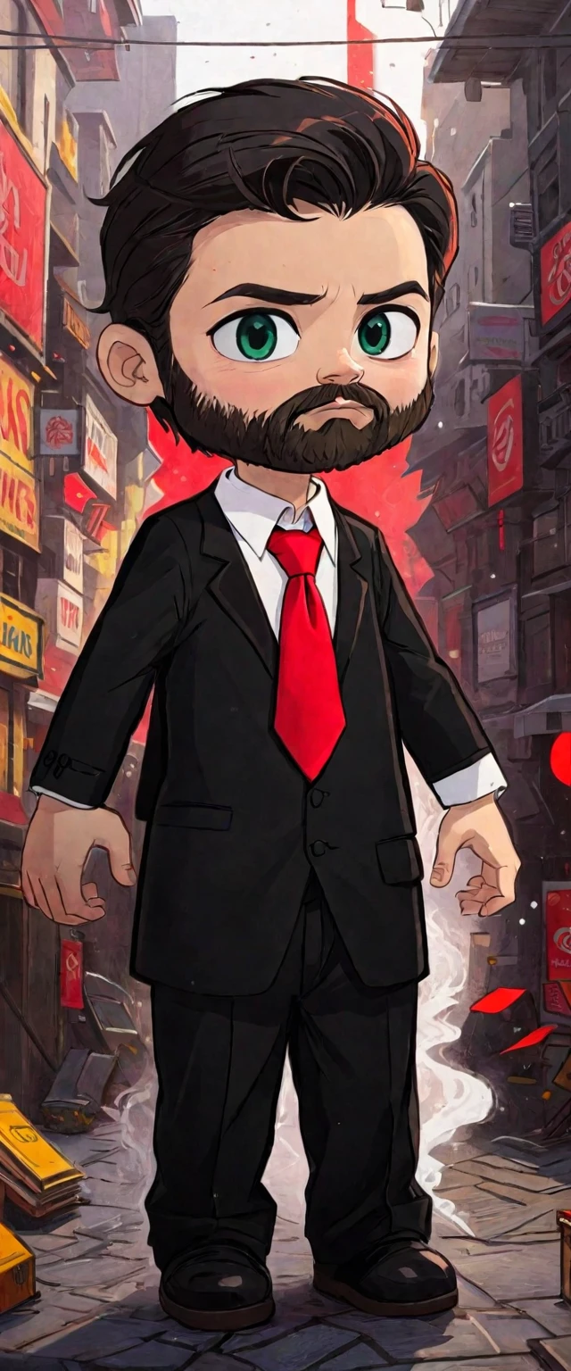 a guy with a beard, wearing a black suit with a red tie (Renan souzones)