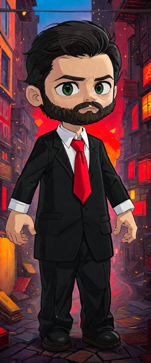 a guy with a beard, wearing a black suit with a red tie (Renan souzones)