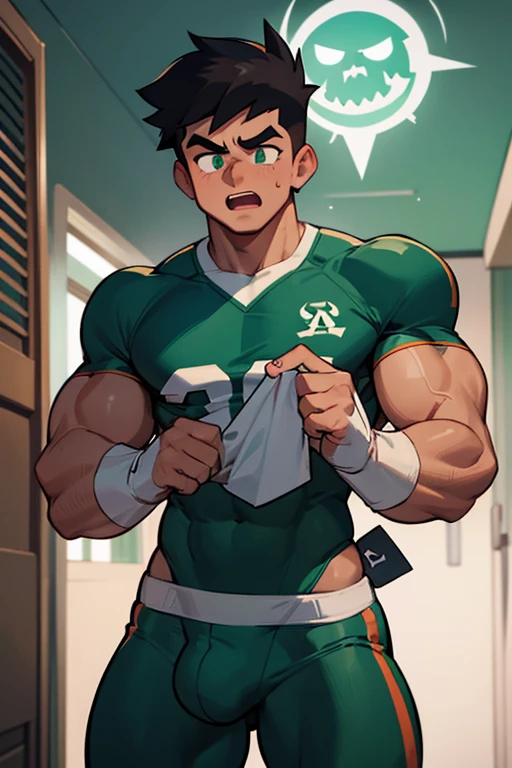 Danny Phantom, ghost, hypnosis, jock, conversion, locker room hallway, hyper muscles, jockstrap, bro, meathead, hypnotized, brainwashed, brainwashing, big dumb jock, football.  Glowing green eyes. Danny Fenton is hypnotized by Dash to become another dumb bodybuilder football jock bro. Hyper crotch bulge. Massive bulging crotch. Big balls. Big biceps. Big triceps. Big traps. Broad shoulders. Big meaty pecs. Big thighs. Thick glutes. Football team assimilation. Black hair. Deep dull voice. glazed expression. dumber and dumber. Open mouth. Clothes turning into a football uniform. Forgetting. "Why do I feel like...? I want to ... I should..... I should be giving someone a wedgie right now! Stupid nerds. Fuck, Dash, where's that fucker Tucker? I wanna shove him in his locker."