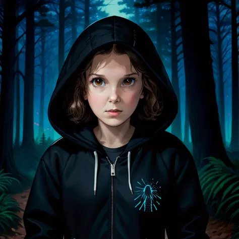 milli3 woman, millie bobby brown, 1 girl wearing black jacket and hood, netflix, stranger things, eleven, in a dark forest, fron...