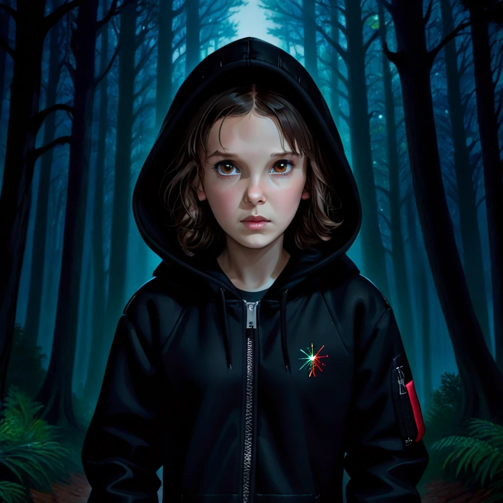 milli3 woman, millie bobby brown, 1 girl wearing black jacket and hood, netflix, stranger things, eleven, in a dark forest, front view.