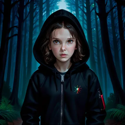 milli3 woman, millie bobby brown, 1 girl wearing black jacket and hood, netflix, stranger things, eleven, in a dark forest, fron...