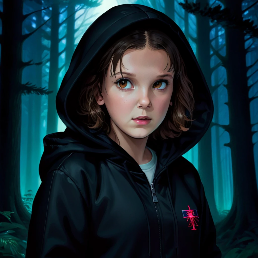 milli3 woman, millie bobby brown, 1 girl wearing black jacket and hood, netflix, stranger things, eleven, in a dark forest, front view.