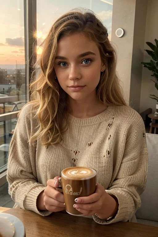 Beautiful blonde in a beige sweater (Having a cup of coffee in a modern cafe at sunset), very detailed, 21 ans, visage innocent, natural curly hair, blue eye, high resolution, leader'Oeuvre d'art, best quality, intricate details, very detailed, sharpness, detailed skin, realistic skin texture, texture, detailed eyes, professionnel, 4K, charming smile, filmed in Canon, 85mm, shallow depth of field, Kodak Vision Color, corps parfaitement ajusté, extremely detailed, photograph her_\(ultra\), Fotorrealistic, realistic, Après traitement, maximum details, roughness, real life, ultra realistic, photorealism, La photographie, 8K, La photographie,plan grand, from front shot, petit sourire