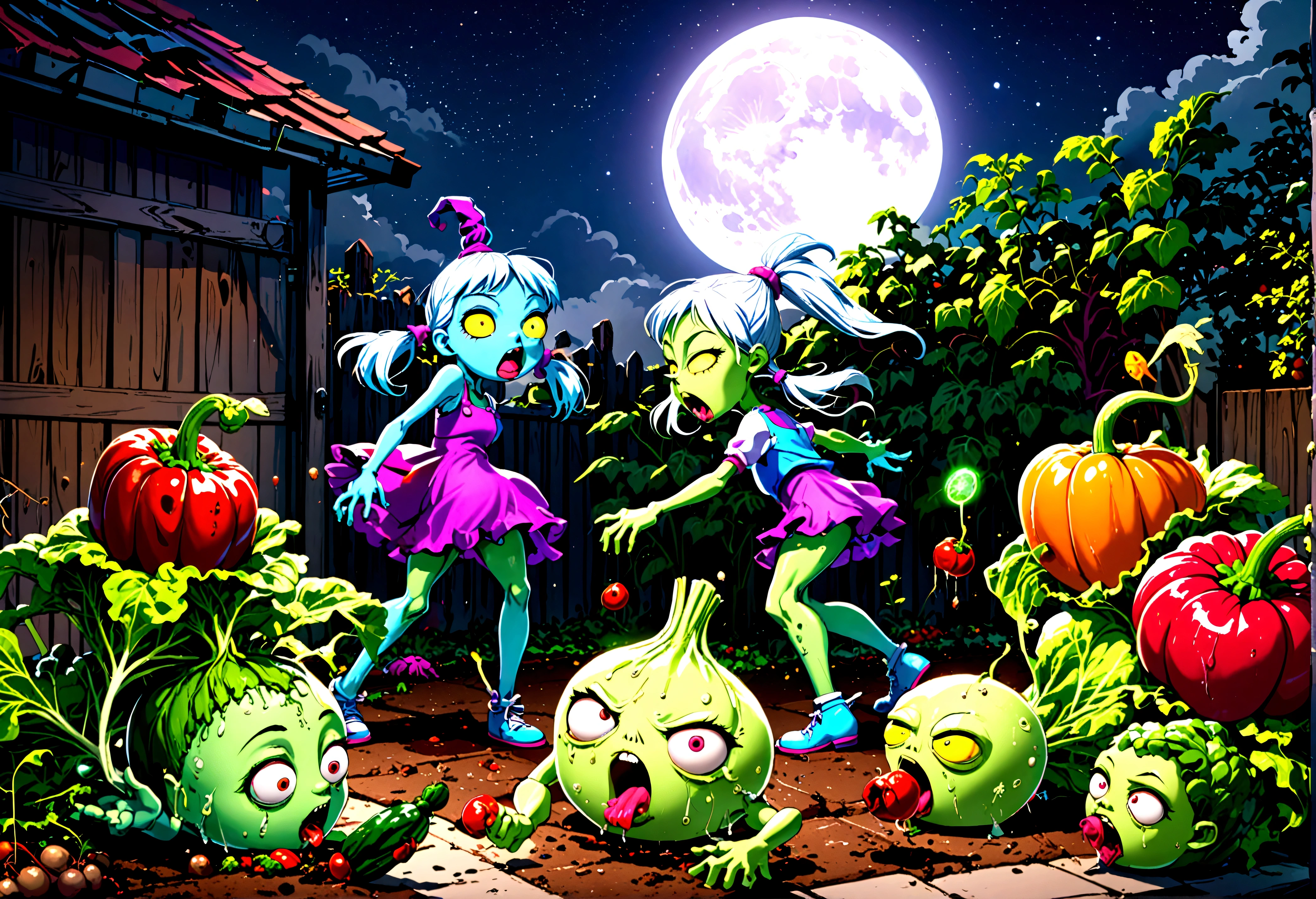 Cartoonish, (Humanoid vegetables) emerge from the garden to do battle with (shambling, half rotten human zombies), moonlit backyard