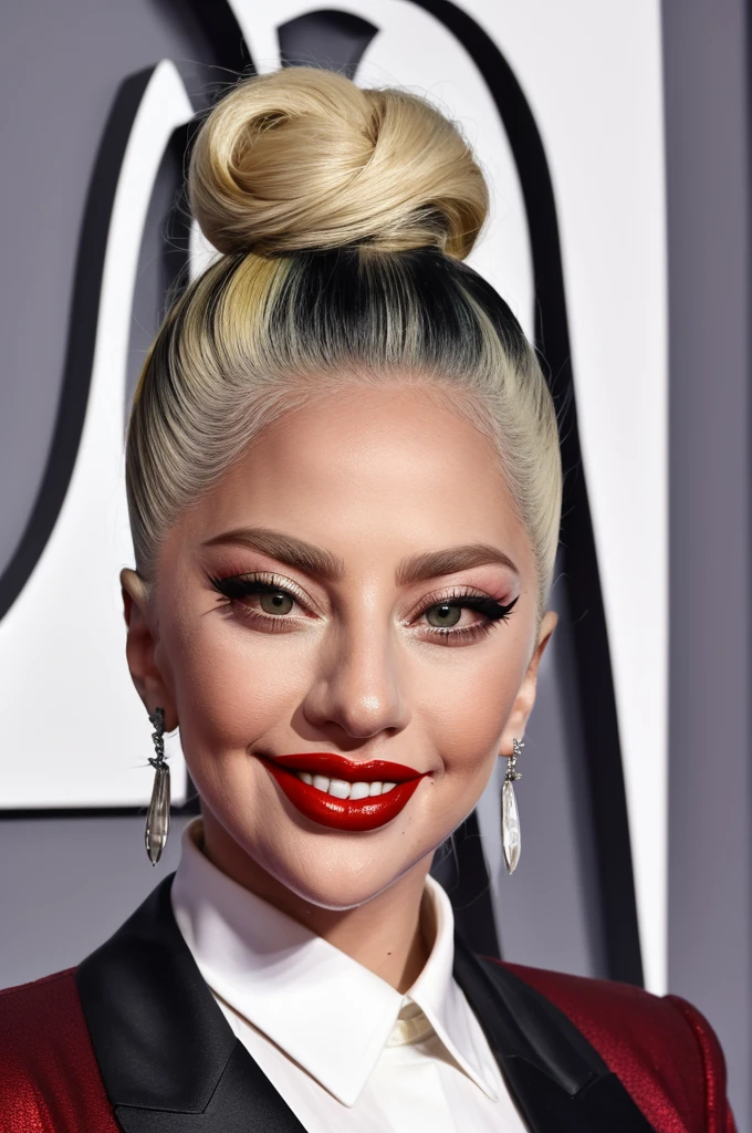 lady gaga, beautiful smile, white shirt and black tie, Hair tied high, long thick curly eyelashes, skin tone makeup, black red lipstick