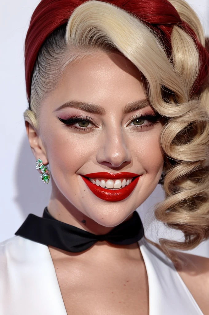 lady gaga, beautiful smile, white shirt and black tie, Hair tied high, long thick curly eyelashes, skin tone makeup, black red lipstick