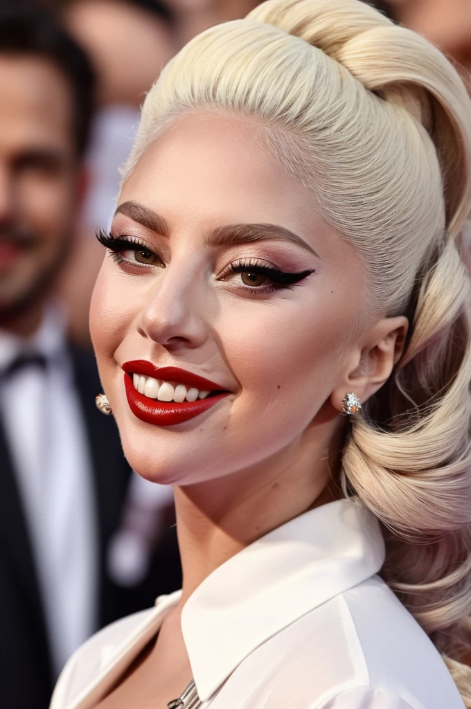 lady gaga, beautiful smile, white shirt and black tie, Hair tied high, long thick curly eyelashes, skin tone makeup, black red lipstick